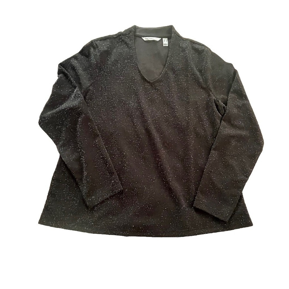 Isaac Mizrahi Live Black Metallic Sparkle Long Sleeve Sz L‎ Poly Spandex V Neck